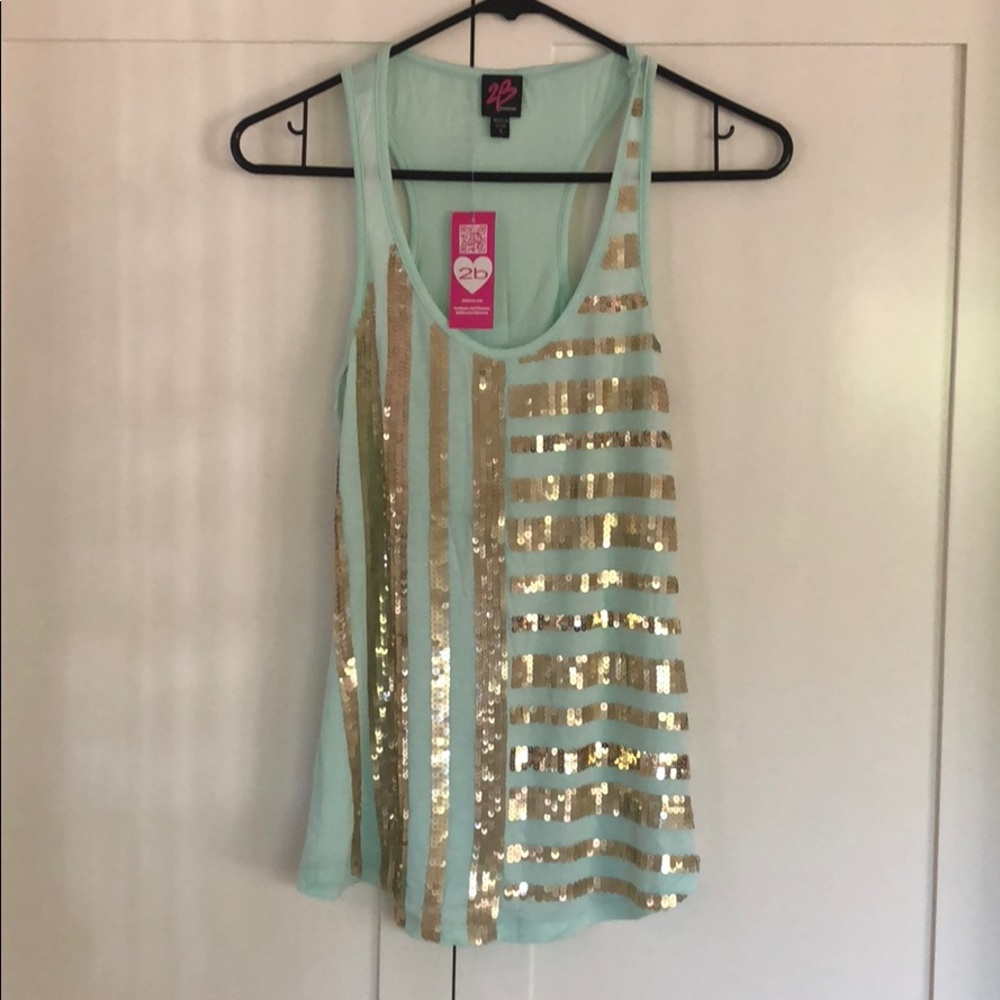 Bebe Turquoise Tank Top With Gold Sequins